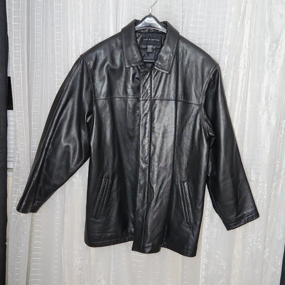 Croft & Borrow Men's Black Leather Jacket Black Full Zip Collared W/ Lining SzXL